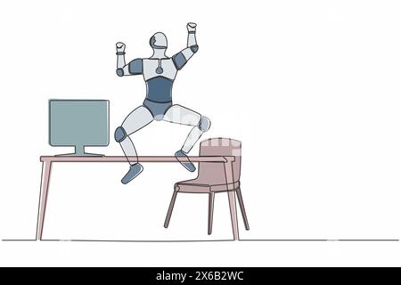 Single continuous line happy robot jumping with raised hands near desk workplace. Modern robotic development. Artificial intelligence machine learning Stock Vector