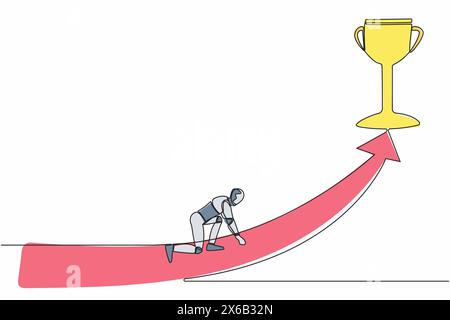 Continuous one line drawing of robot get ready to sprint run and get trophy. Humanoid robot cybernetic organism. Future robotic development competitio Stock Vector