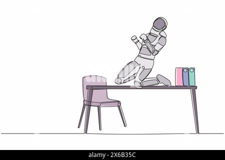 Continuous one line drawing of happy astronaut kneeling with celebrating goal pose on desk. Celebrate successful space expedition. Cosmonaut outer spa Stock Vector