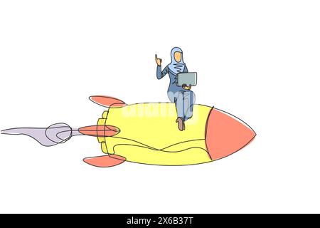 Continuous one line drawing of young Arabian businesswoman sitting on flying rocket. Index finger of the right hand lifts up while the other holds the Stock Vector