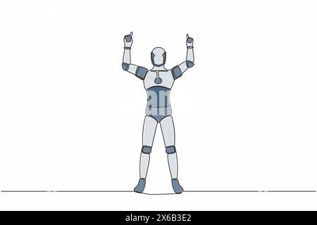 Single continuous line happy robot standing with both hands pointing index fingers up. Celebrate win. Artificial intelligence machine learning process Stock Vector