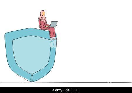 One single line drawing Arabian businesswoman sitting on giant shield. Make a program for data security on a laptop computer from hacker attacks. Netw Stock Vector