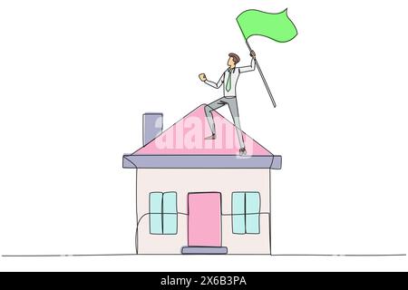 Continuous one line drawing of young businessman standing on miniature house raising flag. Entrepreneurs who are successful in home property deserve a Stock Vector