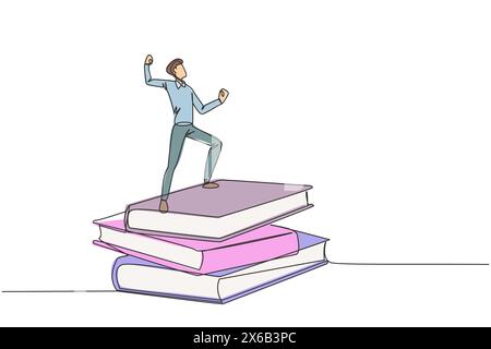 Single continuous line drawing of young businessman standing on stacks of giant books fist hands up. Reading improves his skills in business world to Stock Vector