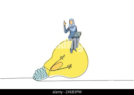 Single one line drawing of Arabian businesswoman sitting on big lightbulb while holding laptop computer. Showing one finger meaning having great idea Stock Vector