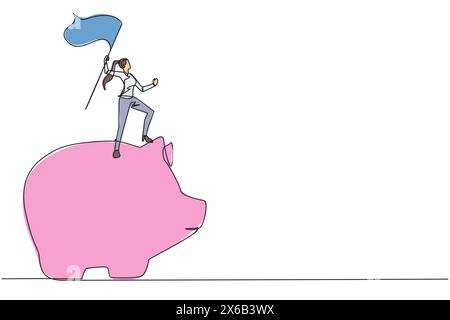 Single one line drawing of successful businesswoman standing on giant piggy bank raising flag. Making investments during the corona pandemic to keep b Stock Vector
