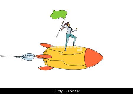 Single continuous line drawing of young successful businesswoman standing on flying rocket through the sky raising the flag. Entrepreneur starting a n Stock Vector