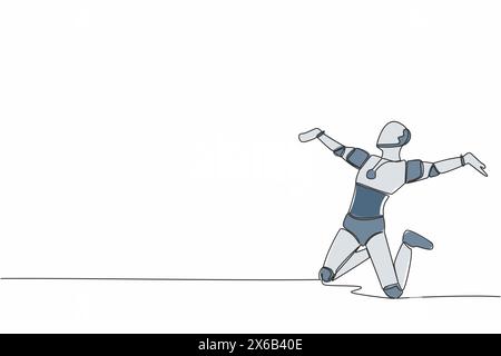 Single continuous line happy robot jumping with raised legs and spread arms. Future technology development. Artificial intelligence machine learning p Stock Vector