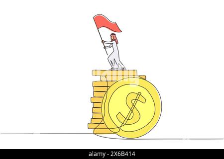 Single continuous line drawing of Arabian businessman standing on stack of coins raising flag. Successful remote freelance work. Get a lot of money. C Stock Vector