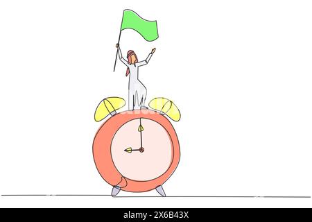 Single one line drawing of young Arabian businessman standing on giant alarm clock raising flag in the hand. Enjoy business success when the deadline Stock Vector