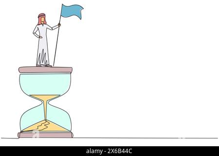 Single one line drawing of Arabian businessman standing on giant hourglass holding flag. Business strategy related on time management. Businessman who Stock Vector