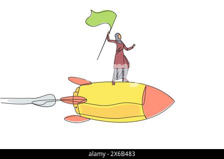 Single one line drawing of successful Arabian businesswoman standing on flying rocket through the sky raising the flag. Entrepreneur starting a new bu Stock Vector