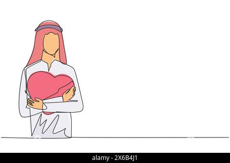 Continuous one line drawing of young happy Arabian man with casual shirt hugging a red heart logo in his chest. Illustration of peace of mind. Self lo Stock Vector