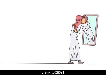 Single one line drawing of young Arabian man stand in front of mirror. His reflection get out of mirror and hug each other. Accepting one body and sou Stock Vector