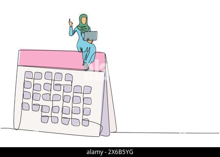 Continuous one line drawing Arab businesswoman sitting on a giant desk calendar raising one hand. Submit a monthly work plan and take days off via onl Stock Vector