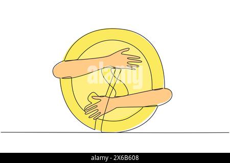 Single one line drawing of hands hugging huge coin. Addicted to money in arms. Holding coins tightly in arms is a symbol of greed. Must get as much bu Stock Vector