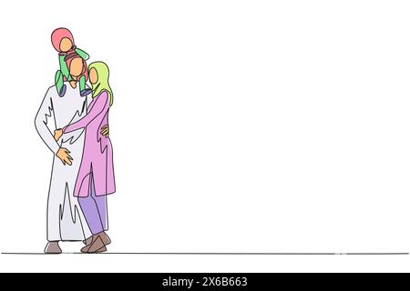 Single one line drawing of young beauty Arabian woman hug her handsome husband who is holding their pretty daughter on shoulders hug. Love. Happy Arab Stock Vector