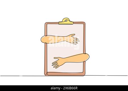 Single one line drawing of hands hugging clipboard. Effective daily planning and time management to reach a lot of opportunity to success in business. Stock Vector