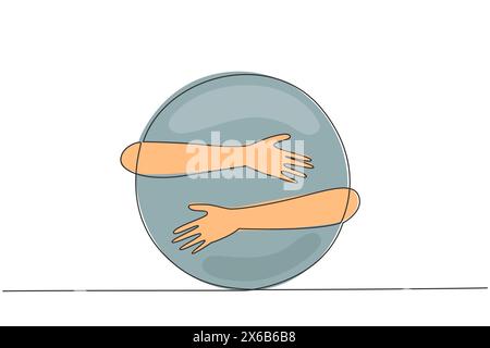 Single continuous line drawing of human hands hugging circle. Passion in creating innovative logo. Shape that can be developed based on the basic circ Stock Vector