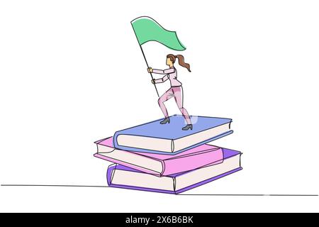 Single one line drawing of businesswoman standing on stacks of giant books raising flag. Reading improves her skills in business world to become a suc Stock Vector