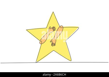 Continuous one line drawing of hands hugging five pointed star. Successfully touching the stars means succeeding in making business fly as high as the Stock Vector
