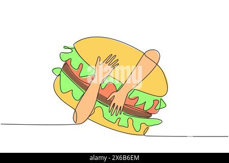 Single one line drawing of hands hugging burger. Food in the form of a loaf of bread containing chopped beef. Usually served with soft drinks. Junk fo Stock Vector