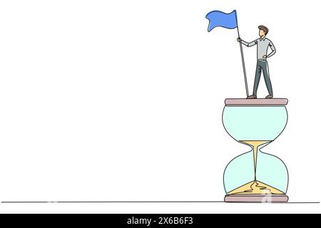 Single continuous line drawing young businessman standing on giant hourglass holding flag. Business strategy related on time management. Businessman w Stock Vector