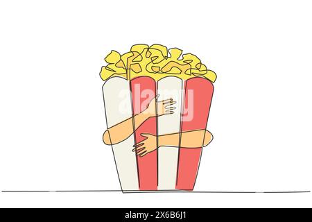 Continuous one line drawing of hand hugging popcorn. Movie time, popcorn time. The best way to enjoy a movie is while eating popcorn. A snack that has Stock Vector