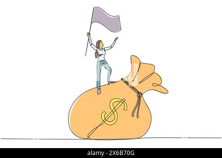 Single one line drawing young businesswoman standing on giant money bag raising flag. Victory or business achievement obtained for her smart work in m Stock Vector