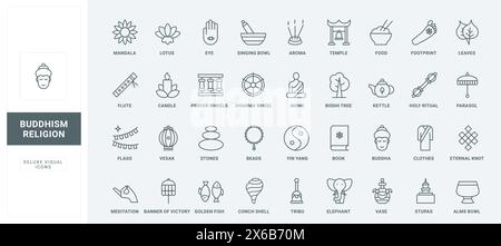 Prayer and yoga meditation of monk Buddhist, dharma wheel and umbrella, stone temple with bell and stupa thin black and red outline religious symbols, vector illustration. Buddhism line icons set Stock Vector