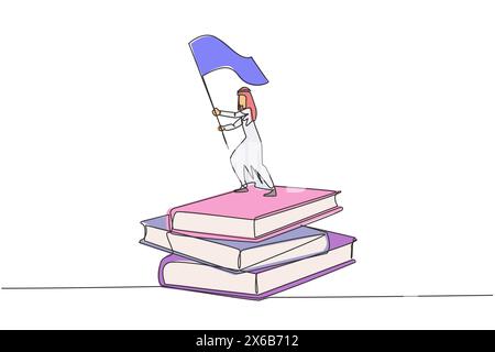 Single one line drawing of Arabian businessman standing on stacks of giant books raising flag. Reading improves his skills in business world to become Stock Vector