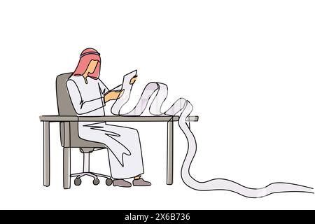 Single continuous line drawing Arab businessman sitting in work chair holding roll of billing paper. Monthly recurring bill payment. Employee salary b Stock Vector