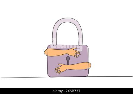 Continuous one line drawing of hands hugging padlock. Entrepreneurs who keep web security safe with multiple layers so that data security is maintaine Stock Vector