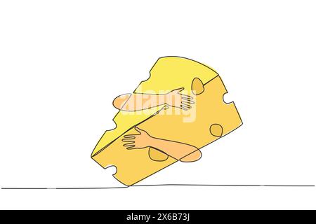 Single continuous line drawing hands hugging cheese. Foods made from milk go through a coagulation process. Milk that comes from cows, goats, camels o Stock Vector
