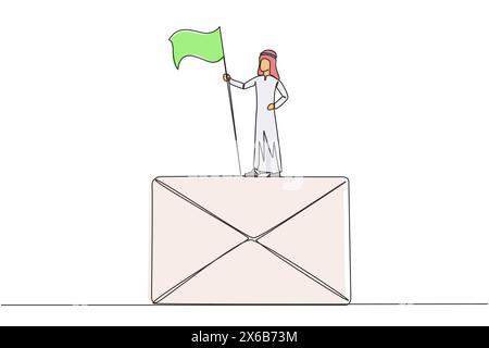Single one line drawing of young Arabian businessman standing on big email icon holding flag. Received a cooperation offer email that is very profitab Stock Vector