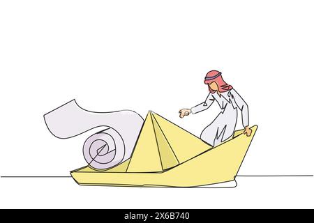Single continuous line drawing of Arabian businessman boarded a paper boat loaded with rolls of paper bills and almost drowned. Spending more than inc Stock Vector