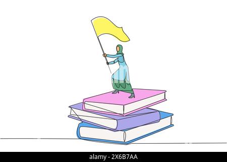 Continuous one line drawing of Arabian businesswoman standing on stacks of giant books raising flag. Reading improves her skills in business world to Stock Vector