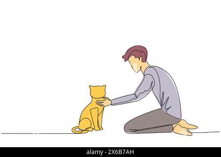 Single continuous line drawing of young energetic man knelt while stroking his beloved cat. Touching the neck. Animal lover. Caring for little cats wi Stock Vector