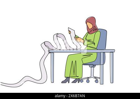 Continuous one line drawing Arabian businesswoman sitting in work chair holding roll of billing paper. Monthly recurring bill payment. Employee salary Stock Vector