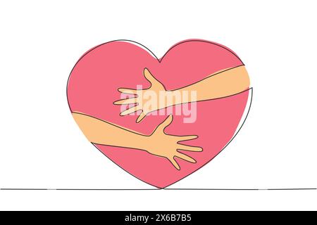 Single one line drawing of hands hugging big red heart. Hands holding heart. Symbol of charity. Generosity illustration. Care for others. Sharing conc Stock Vector