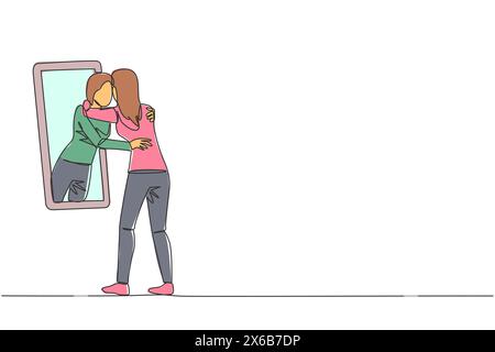 Single continuous line drawing of young beautiful woman stand in front of mirror. Her reflection get out of mirror and hug each other. Caring. Self lo Stock Vector