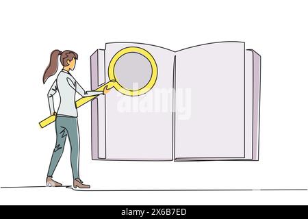 Single continuous line drawing businesswoman stood holding magnifier and checked the open book. Looking for valid information and data so that the bus Stock Vector