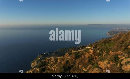 View over the mediterranean coast from Monte Sant'Elia viewpoint during sunset, Palmi, Calabria, Italy Stock Photo
