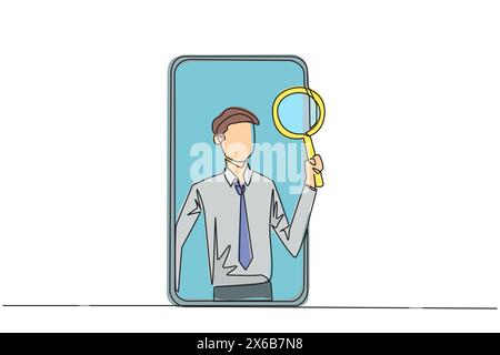 Continuous one line drawing businessman came out of the smartphone screen holding the magnifier. Utilizing internet technology on smartphones to promo Stock Vector