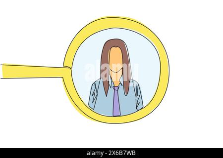 Single continuous line drawing the circle of magnifiers highlights to young successful businesswoman. Resembles an avatar for a photo on social media. Stock Vector