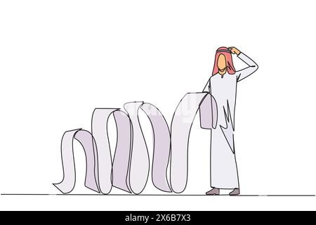 Single continuous line drawing of Arab businessman holding long billing paper dangling to the floor, one of his hands scratching head. Confused how to Stock Vector