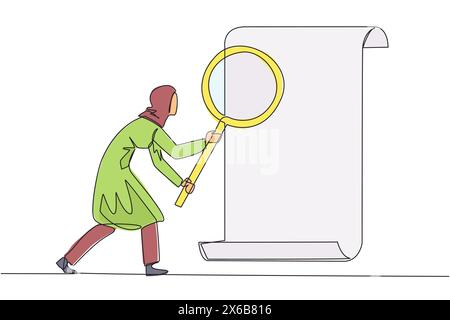 Single one line drawing Arabian businesswoman stood holding a magnifier highlighted a rolled paper. Evaluates product compliance in accordance with co Stock Vector