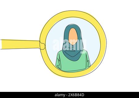 Single continuous line drawing of the circle of magnifiers highlights to young successful Arabian businesswoman. Resembles an avatar for photo on soci Stock Vector