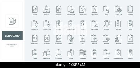 Checklist with check marks, search for digital document, medical notes and survey, paper with gear and target thin black and red outline symbols, vector illustration. Clipboard line icons set Stock Vector
