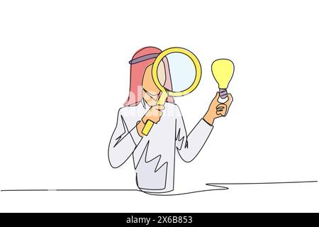 Continuous one line drawing Arabian businessman inspects lightbulb he holds with a magnifier. Analyze existing ideas and select them for new business Stock Vector